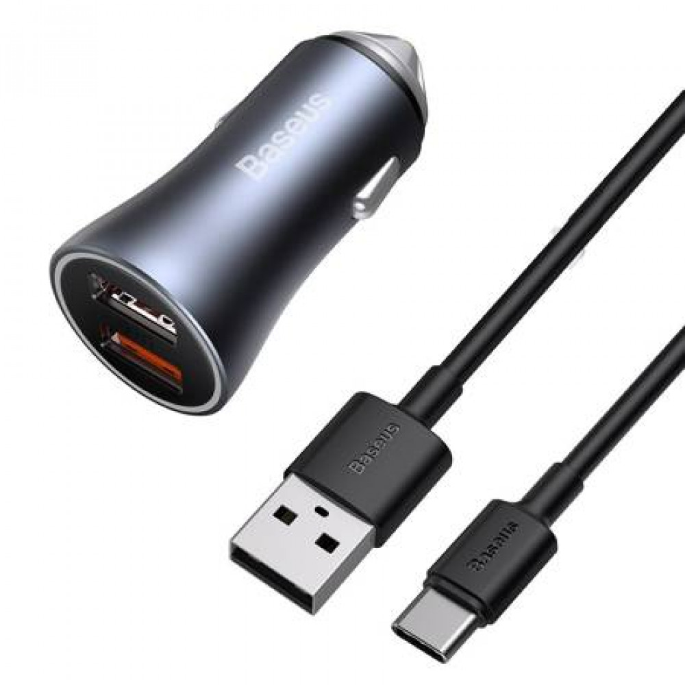 Baseus Golden Contactor Pro car charger, 2x USB, QC SCP, 40W + cable USB to USB-C 1m (gray)