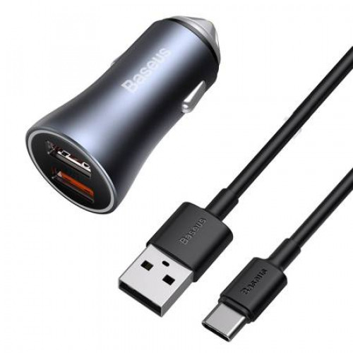 Baseus Golden Contactor Pro car charger, 2x USB, QC SCP, 40W + cable USB to USB-C 1m (gray)