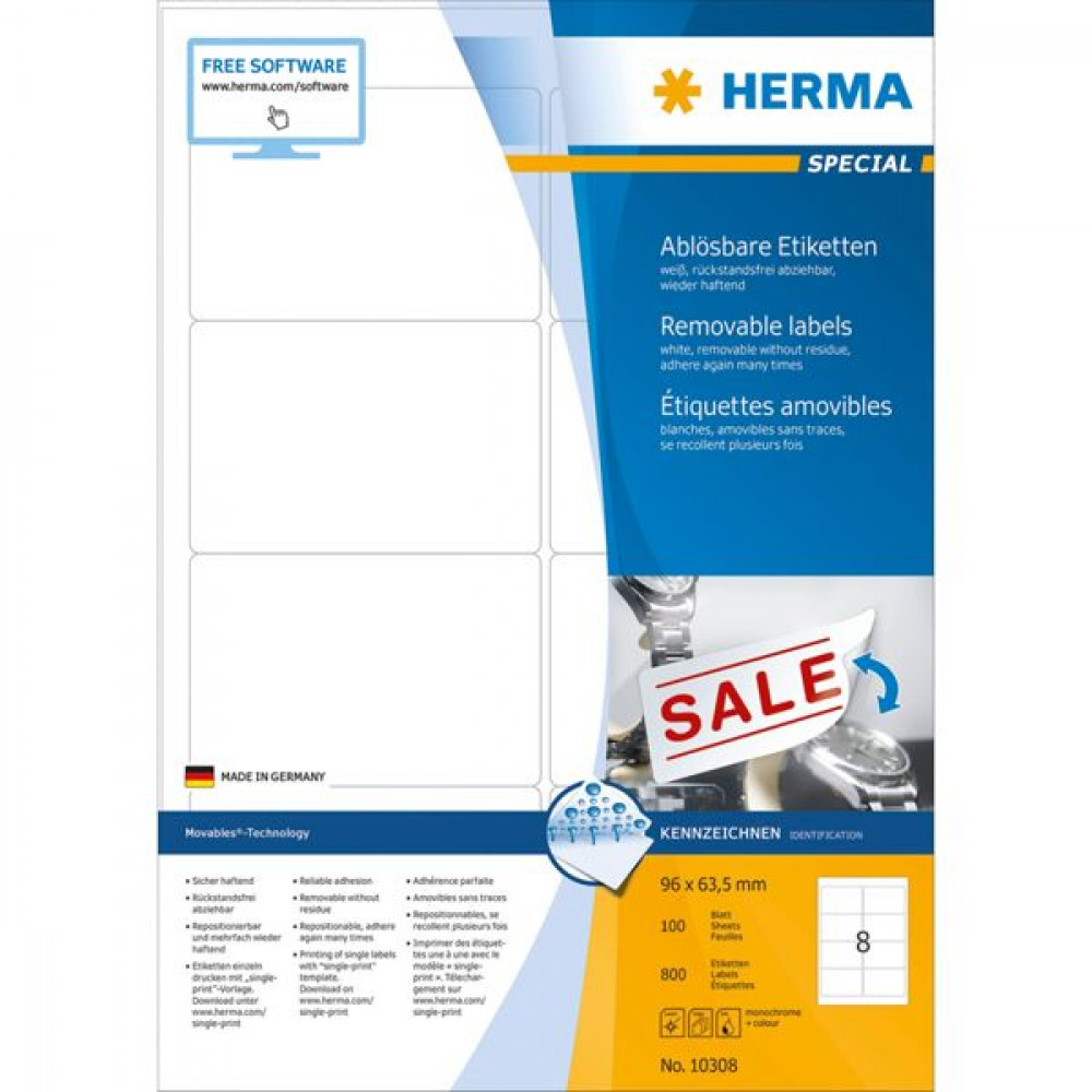 Herma 800 Αυτοκόλλητες Ετικέτες Α4 Ορθογώνιες 96x63.5mmΚωδικός: 10308