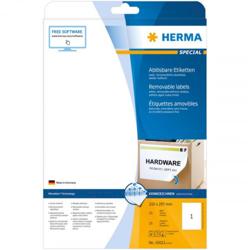 Herma 25 Αυτοκόλλητες Ετικέτες Α4 Ορθογώνιες 210x297mmΚωδικός: 10021