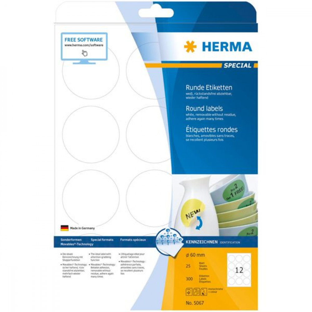 Herma 300 Αυτοκόλλητες Ετικέτες Α4 Στρογγυλές 60mmΚωδικός: 5067