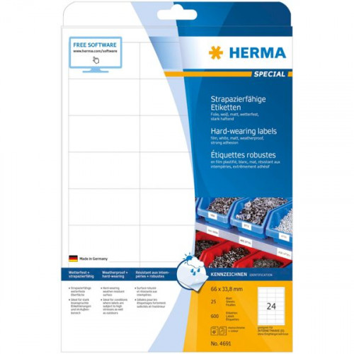 Herma 600 Αυτοκόλλητες Ετικέτες Α4 Ορθογώνιες 66x33.8mmΚωδικός: 4691