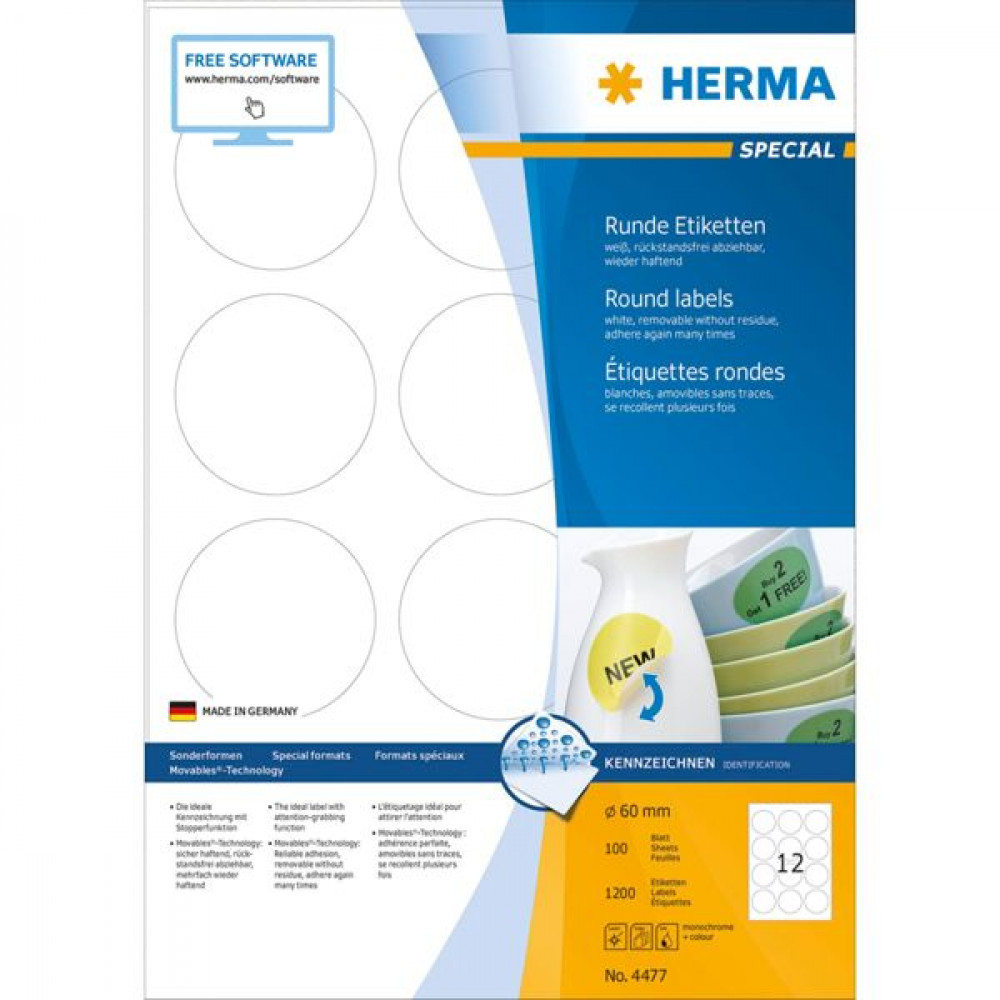 Herma 1200 Αυτοκόλλητες Ετικέτες Α4 Στρογγυλές 60mmΚωδικός: 4477