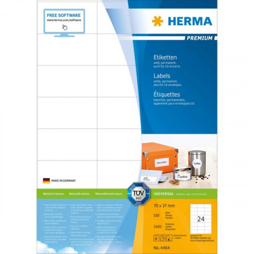 Herma 2400 Αυτοκόλλητες Ετικέτες Α4 Ορθογώνιες 70x37mmΚωδικός: 4464