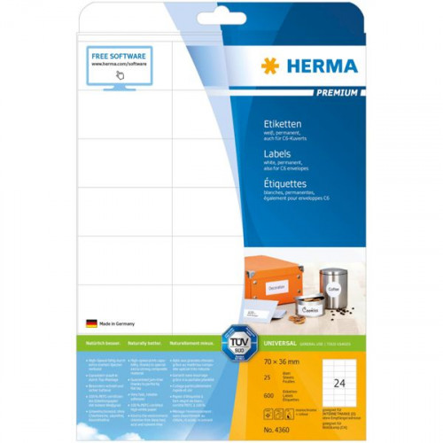 Herma 600 Αυτοκόλλητες Ετικέτες Α4 Ορθογώνιες 70x36mmΚωδικός: 4360