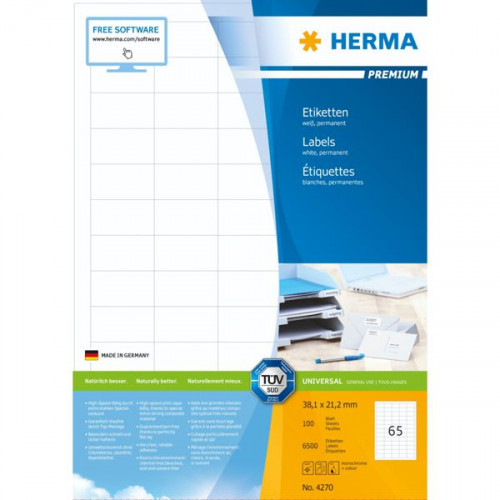 Herma 6500 Αυτοκόλλητες Ετικέτες Α4 Ορθογώνιες 38.1x21.2mmΚωδικός: 4270