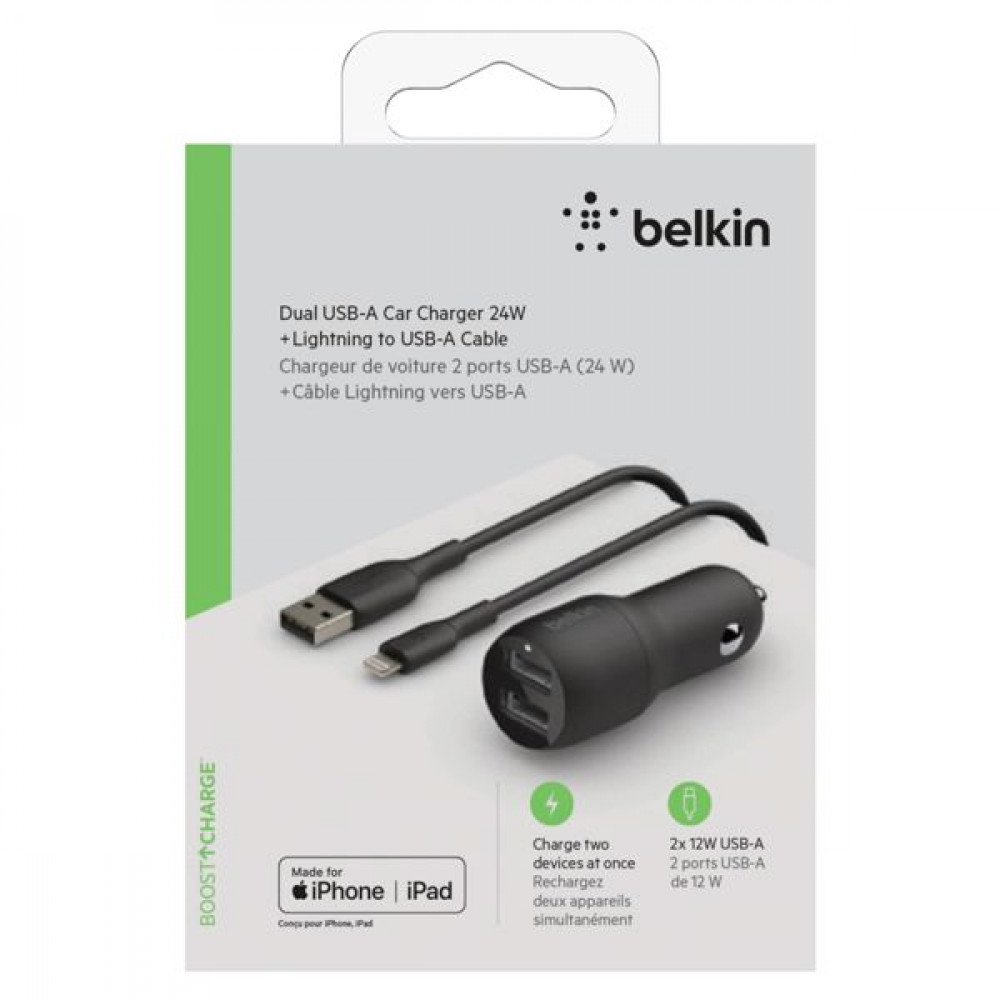 Belkin Φορτιστής Αυτοκινήτου Μαύρος Συνολικής Έντασης 2.4A με Θύρες: 2xUSB μαζί με Καλώδιο lightningΚωδικός: CCD001BT1MBK