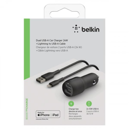 Belkin Φορτιστής Αυτοκινήτου Μαύρος Συνολικής Έντασης 2.4A με Θύρες: 2xUSB μαζί με Καλώδιο lightningΚωδικός: CCD001BT1MBK