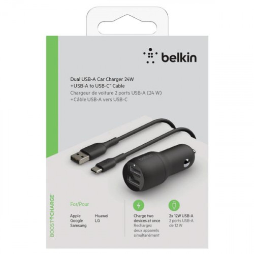 Belkin Φορτιστής Αυτοκινήτου Μαύρος Συνολικής Έντασης 2.4A με Θύρες: 2xUSB μαζί με Καλώδιο type-CΚωδικός: CCE001BT1MBK