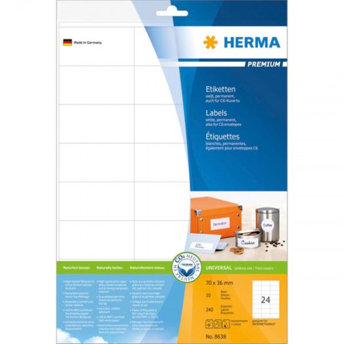 Herma 240 Αυτοκόλλητες Ετικέτες Α4 Ορθογώνιες 70x36mmΚωδικός: 8638
