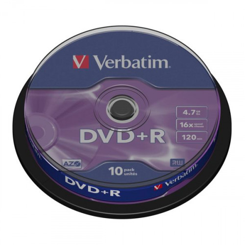 1x10 Verbatim DVD+R 4,7GB 16x Speed, matt silver Cakebox