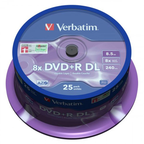 1x25 Verbatim DVD+R Double Layer 8x Speed, 8,5GB matt silver