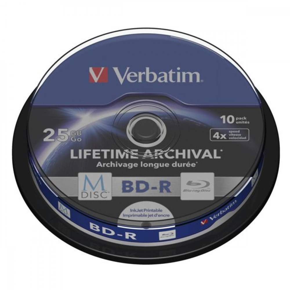 1x10 Verbatim M-Disc BD-R BluRay 25GB 4x Speed Cakebox printable