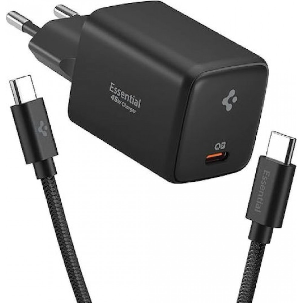 Spigen Φορτιστής GaN με Θύρα USB-C και Καλώδιο USB-C - USB-C 45W Power Delivery Μαύρος (ArcStation Essential)