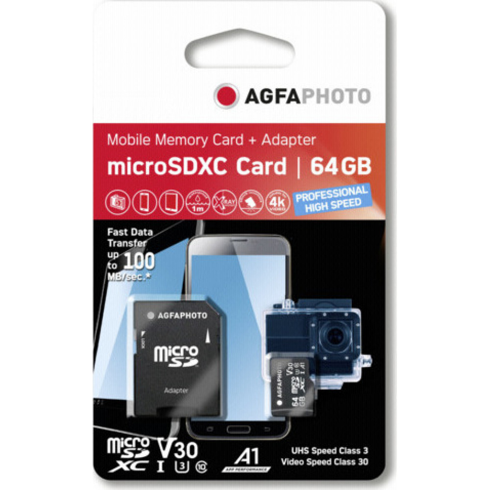 AgfaPhoto MicroSDXC UHS-I  64GB High Speed C 10 U3 V30 + Adapter