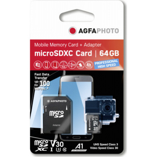 AgfaPhoto MicroSDXC UHS-I  64GB High Speed C 10 U3 V30 + Adapter