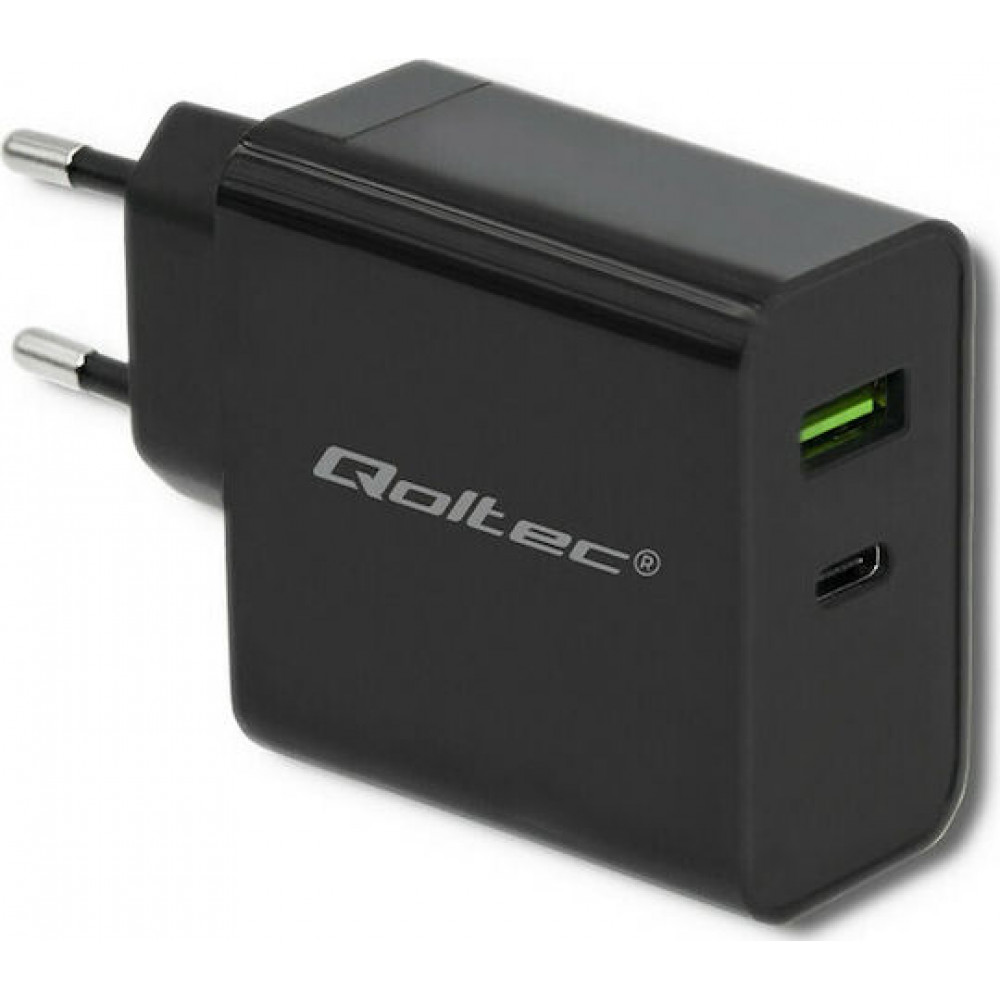 Qoltec Φορτιστής Χωρίς Καλώδιο με Θύρα USB-A και Θύρα USB-C 42W Power Delivery Μαύρος (51717)