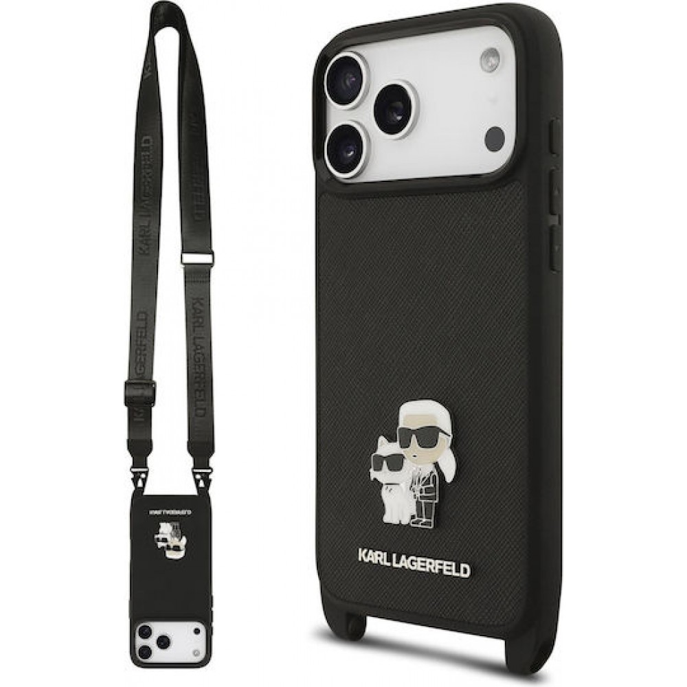Karl Lagerfeld Saffiano Crossbody Strap Metal Karl and Choupette Case for iPhone 17 Pro Max Black