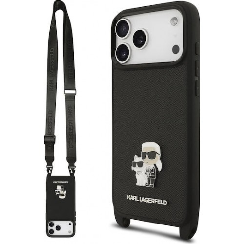 Karl Lagerfeld Saffiano Crossbody Strap Metal Karl and Choupette Case for iPhone 17 Pro Max Black