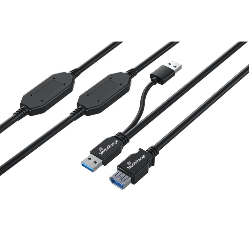 MediaRange Active USB Extension Cable, 2x USB-A Plug to 1x USB-A Socket, 2x Repeater, USB 3.0, 5 Gbps Data Transfer Rate, 15m, Black (MRCS244)