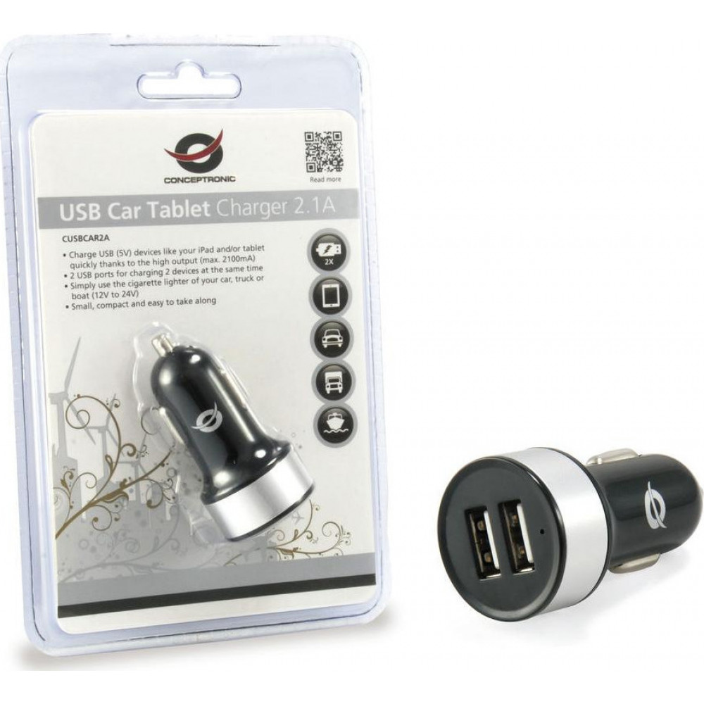 Conceptronic CUSBCAR2A USB Car Tablet Charger 2.1A