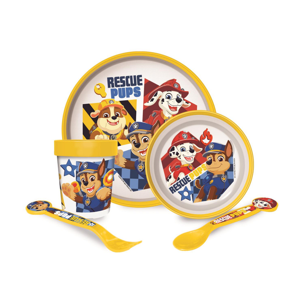 Stor: Paw Patrol Boy Rescue Pups 5 Pcs -Non Slip Bicolor Premium Set (Plate Bowl Tumbler 260 Ml &amp Cutlery) (81681)