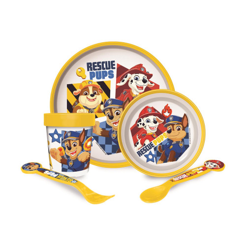 Stor: Paw Patrol Boy Rescue Pups 5 Pcs -Non Slip Bicolor Premium Set (Plate Bowl Tumbler 260 Ml &amp Cutlery) (81681)