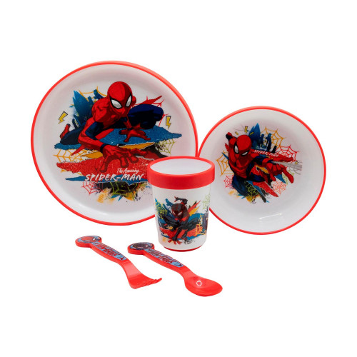 Stor: Marvel Spiderman - 5 Pcs Non Slip Bicolor Premium Set (Plate Bowl Tumbler 260 Ml &amp Cutlery) (83581)