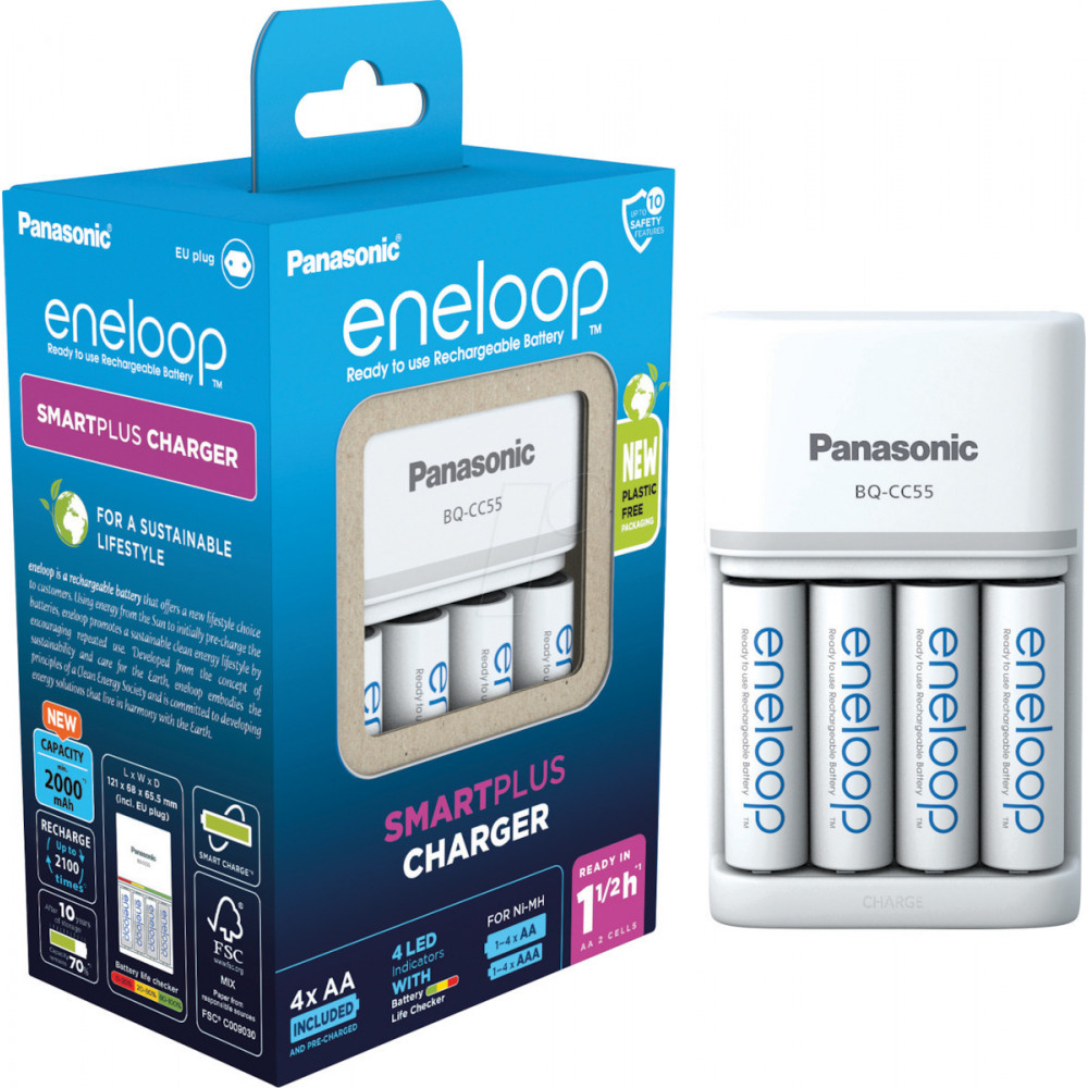 Panasonic Eneloop Smartplus BQ-CC55E Φορτιστής 4 Μπαταριών Ni-MH Μεγέθους AA/AAA Σετ με 4x AA 2000mAh σε Λευκό χρώμα