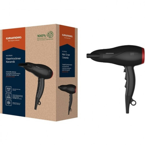GRUNDIG HD 3700 B Hair Dryer 1800W 3 Temperature and 2 Airflow Settings Ceramic Protection 1.8m Cord Black/Cherry Red