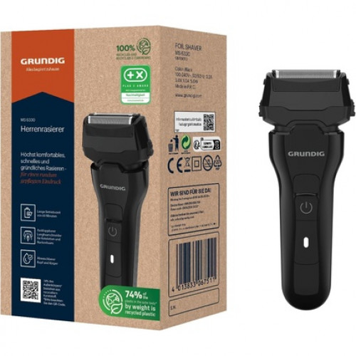 GRUNDIG MS 6330 Mens Shaver 60 Min Operating Time Foldable Long Hair Trimmer 3-Blade Cutting System 74% Recycled Plastic Housing Global Use Black Successor