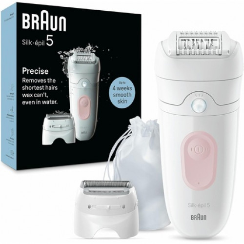 Braun Silk-épil 5 Epilator for Easy Hair Removal Waterproof Long Lasting Soft Skin with Shaver Head for Women - White/Pink