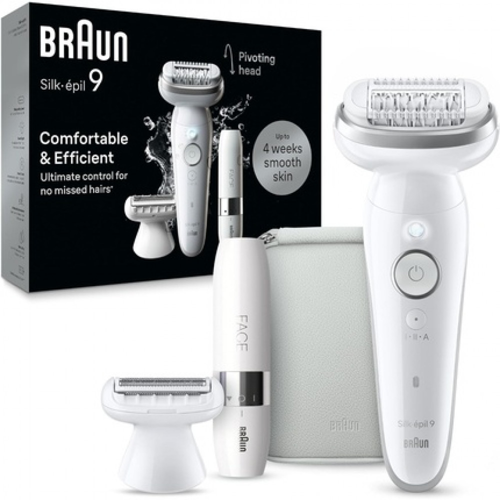 Braun Silk-épil 9 Epilator for Women Long-Lasting Hair Removal Facespa Facial Hair Remover Shaver Attachment Trimmer Attachment 9-341 White/Silver