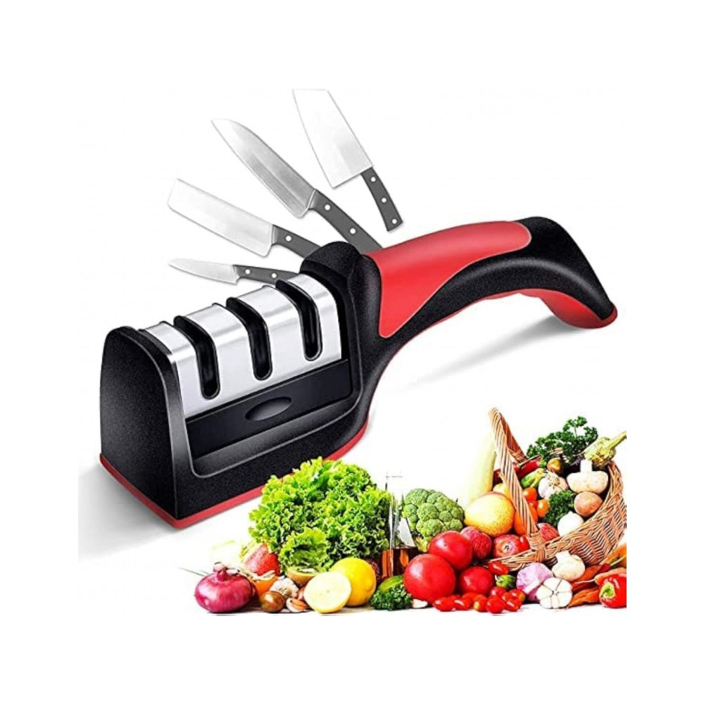 AJ 3-in-1 Kitchen Knife Sharpener, Ακονιστήρι Mαχαιριών Χειρός με 3 Επίπεδα Ακονίσματος, Black/Red 