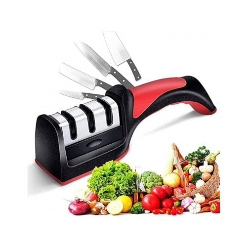 AJ 3-in-1 Kitchen Knife Sharpener, Ακονιστήρι Mαχαιριών Χειρός με 3 Επίπεδα Ακονίσματος, Black/Red 