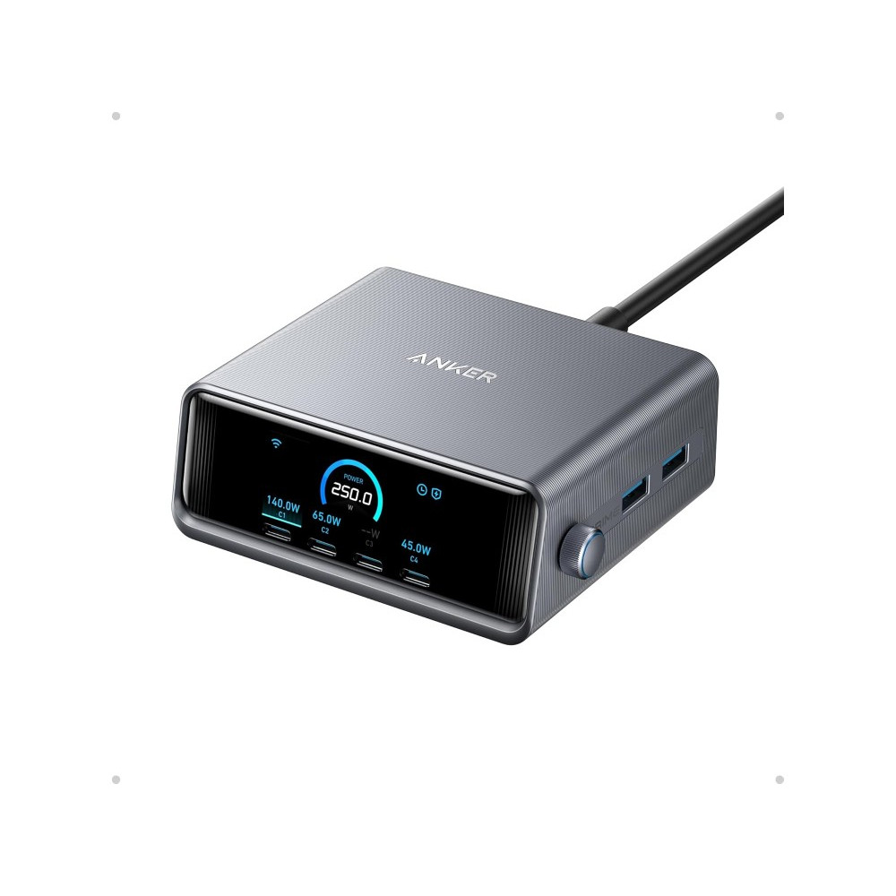 Anker GaN Prime Charging Station 250W με 4*USB-C, 2*USB-A & Οθόνη LCD, Γκρί 