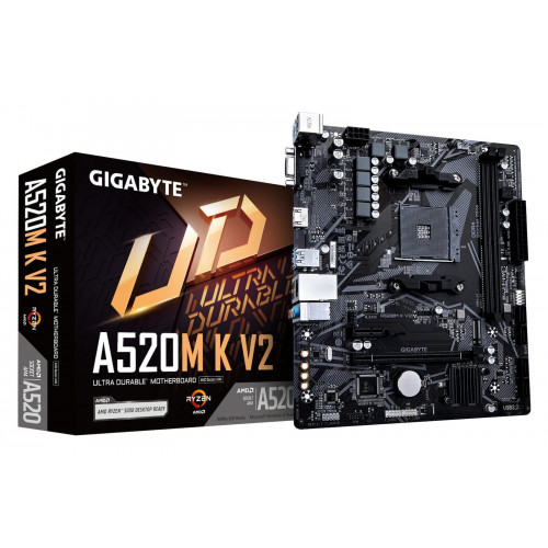 Gigabyte A520M K V2 Motherboard - Supports AMD Ryzen 5000 Series AM4 CPUs up to 5100MHz DDR4 (OC) PCIe Gen3 x4 M.2 GbE LAN USB 3.2 Gen 1
