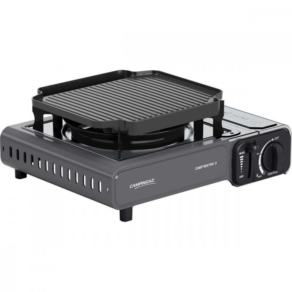 Gaskocher CampBistro 3 mit Grillplatte (Silver/grey, 2,2kW Einflammkocher, Modell 2025)