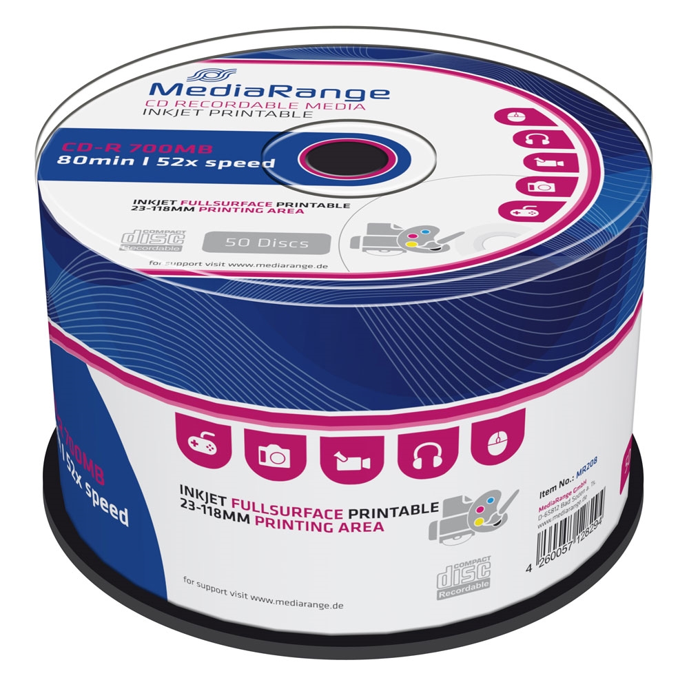 MediaRange CD-R 80 700MB 52x Cake Box x 50 Inkjet fullsurface printable (MR208)