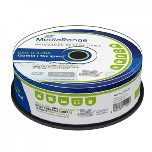 MediaRange DVD-R 120 4.7GB 16x Inkjet fullsurf. print., Waterguard white, High-glossy, Waterproof, Wide sput. (MRPL612)