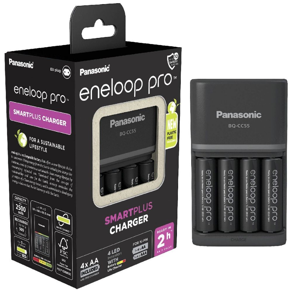 Panasonic Eneloop Pro Smart Plus BQ-CC55 Φορτιστής 4 Μπαταριών Ni-MH Μεγέθους AA/AAA Σετ με 4x AA 2500mAh
